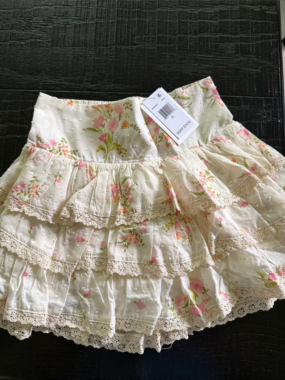 Katie J NYC Cream Floral Tiered Lace Skirt with Pink & Green Accents
